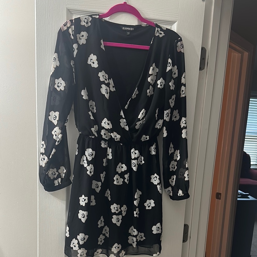 Long Bishop Sleeve Dress with White and Brown Flowers